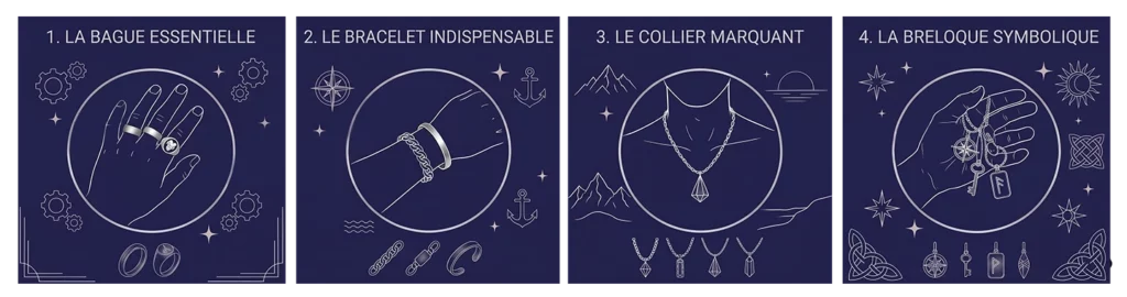 Infographie des bijoux en argent 925 pour homme : bague, bracelet, collier et breloque avec styles et prix chez Hikara