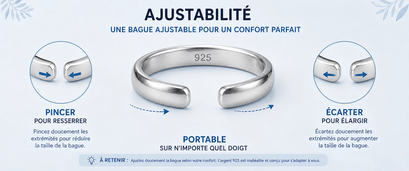 Schéma d'une bague argent 925 ajustable : anneau ouvert, manipulation pour resserrer ou élargir, portable sur n'importe quel doigt