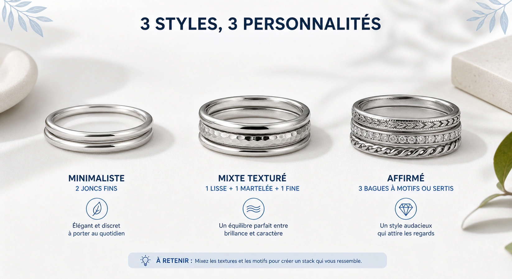 Trois exemples de ring stacking en argent 925 : composition minimaliste, mixte texturée et affirmée