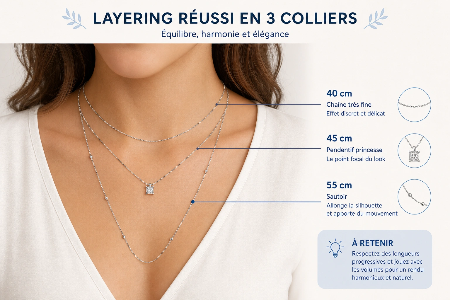 Layering de trois colliers argent femme : chaîne très fine 40 cm, pendentif princesse 45 cm et sautoir 55 cm sur un décolleté en V