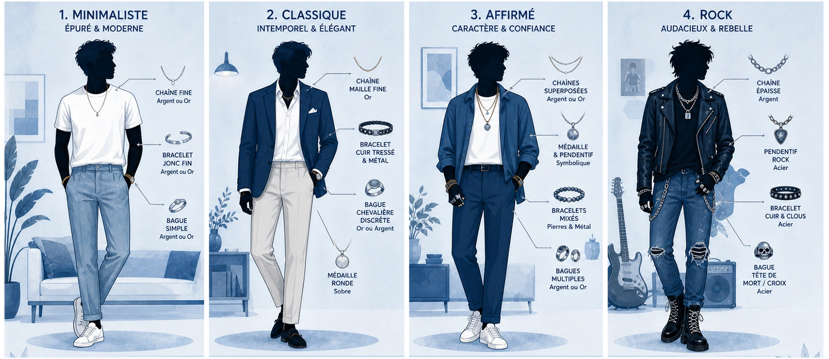 Quatre looks homme en bijoux argent 925 : minimaliste, classique, affirmé et rock, illustrés sur silhouettes masculines